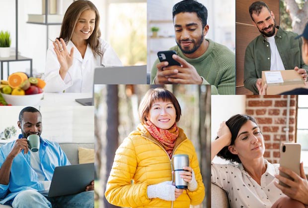 Group of diverse employees engaging with Rousia's thyroid health services on their devices.