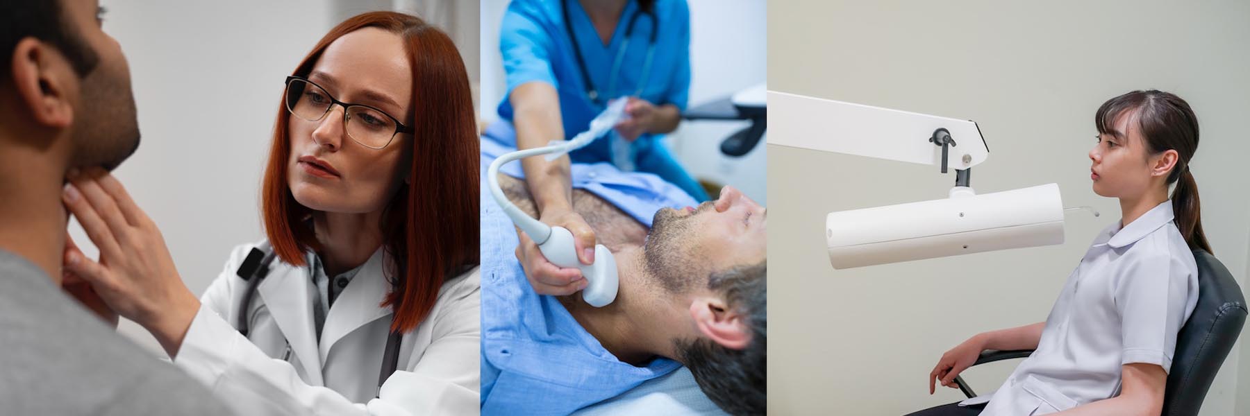 Doctor examining a patient's thyroid during a consultation.