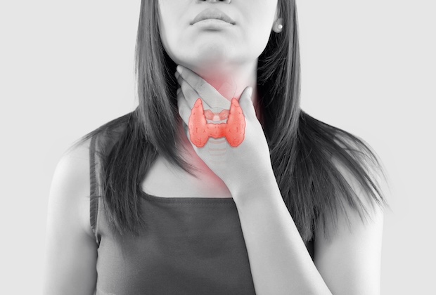 Woman touching her neck with a highlighted thyroid gland, representing thyroid health assessment.